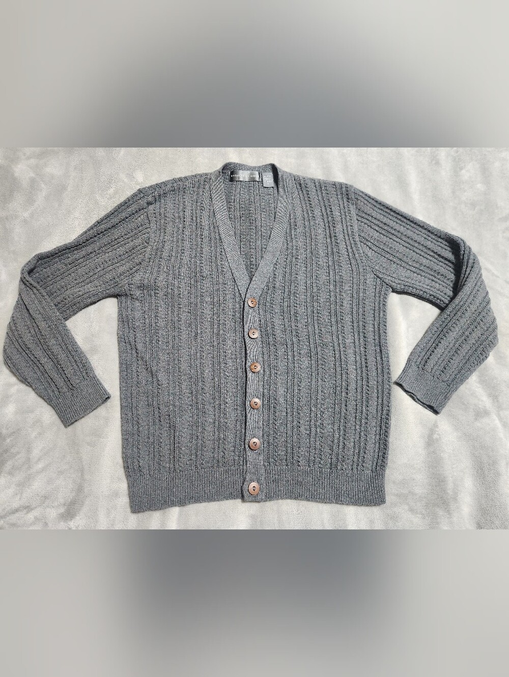 Oscar de la Renta Mens Gray Ribbed Knit Cardigan Sweater Size Large L Button Up